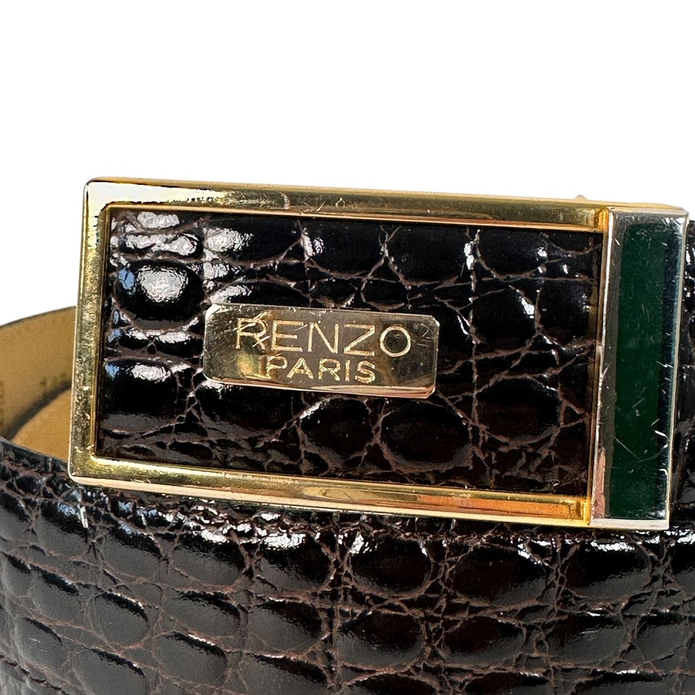Renzo Paris‎ Mens Belt US 36-38 Croc Embossed Calfskin Black Gold Buckle France - Picture 2 of 7